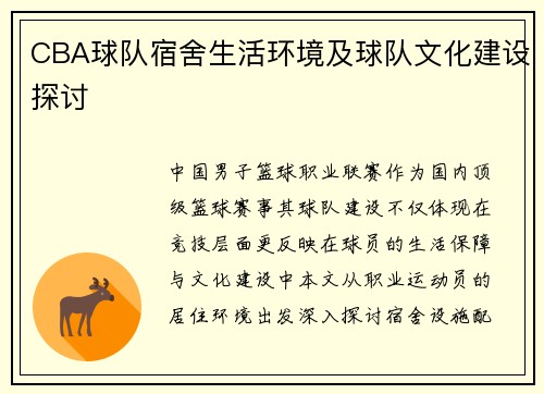 CBA球队宿舍生活环境及球队文化建设探讨