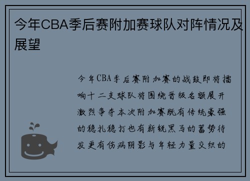 今年CBA季后赛附加赛球队对阵情况及展望