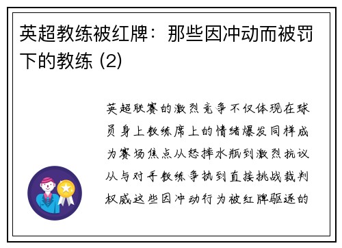 英超教练被红牌：那些因冲动而被罚下的教练 (2)